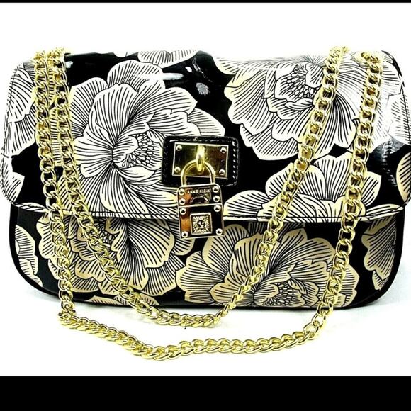 Ann Klein High Gloss Floral Chain Crossbody/Shoulder bag/Purse parent leather - Picture 1 of 11